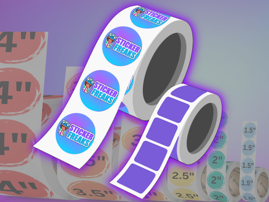 Rolls of stickers with 'Sticker Freaks' branding on a colorful background