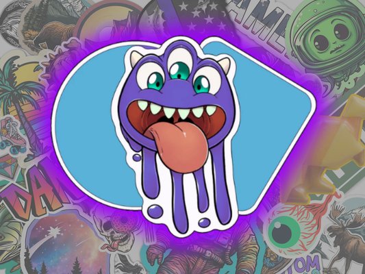 StickerFreaks mascot on a colorful background with various designs.